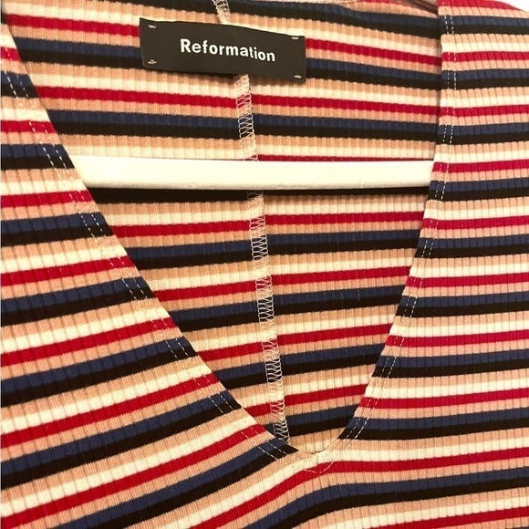 Reformation | Sara Mini Dress Rainbow Ribbed Jersey Knit Hollywood Striped Small - Picture 3 of 12